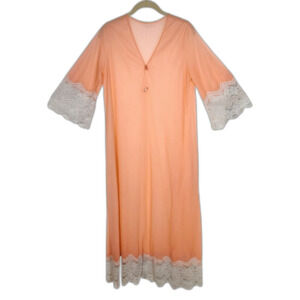 Vintage 60s 70s Robe Duster Flowy Glam BOHO Bell Sleeve Sheer Lace Coral Peach S